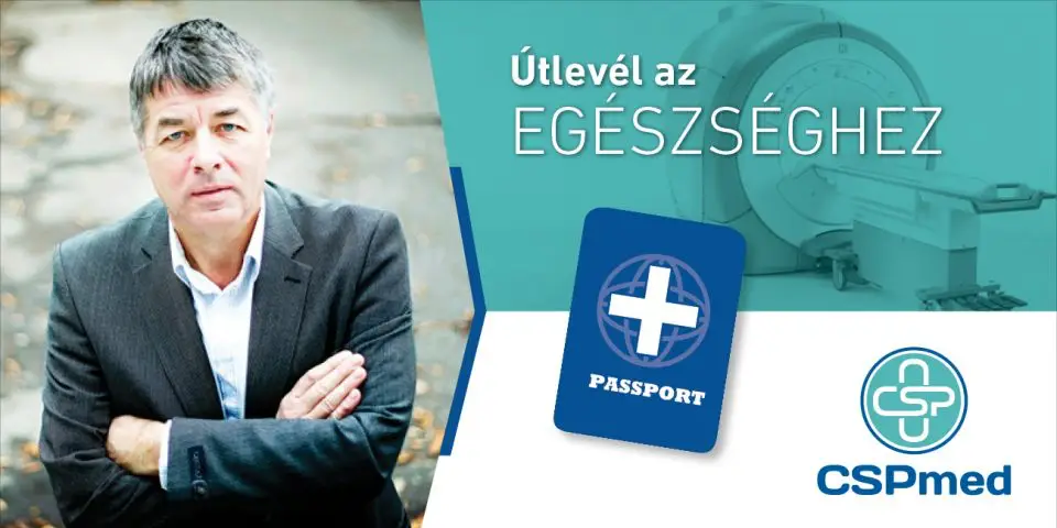 Illusztációs kép, amin a szlogen, a logó, egy útlevél,orvosi műszerek, valamint a tulajdonos fényképe. látható